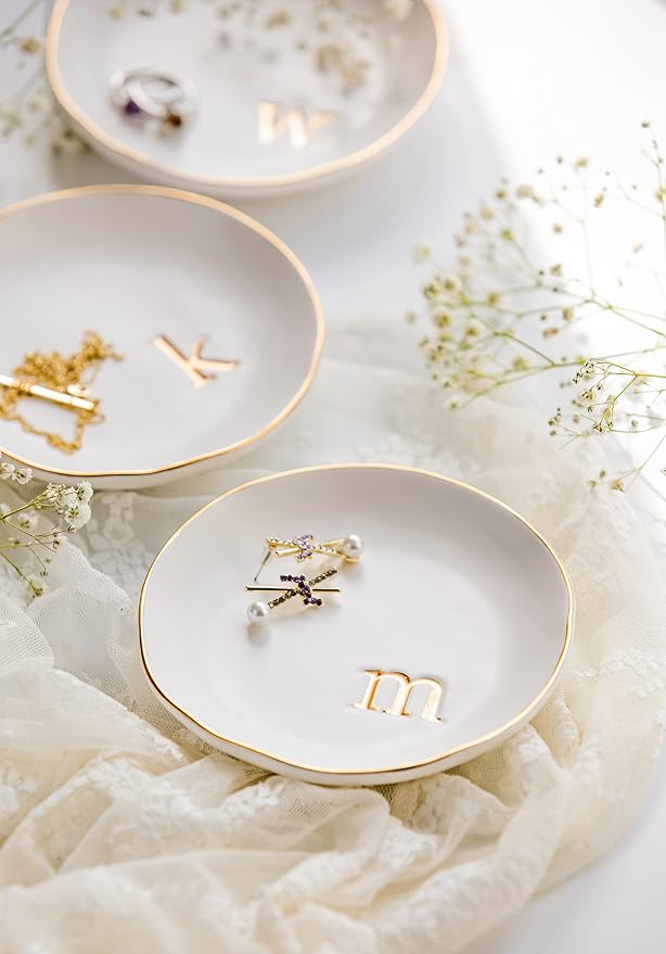 COLLECTIVE HOME Ceramic Jewelry Tray, Trinket Dish, Gifts for Women (N) | Mother's Day, Birthday, Christmas, Engagement Gifts, Vanity, Nightstand Decor, Embossed Gold Monogram Ring Dish with Gift Box
