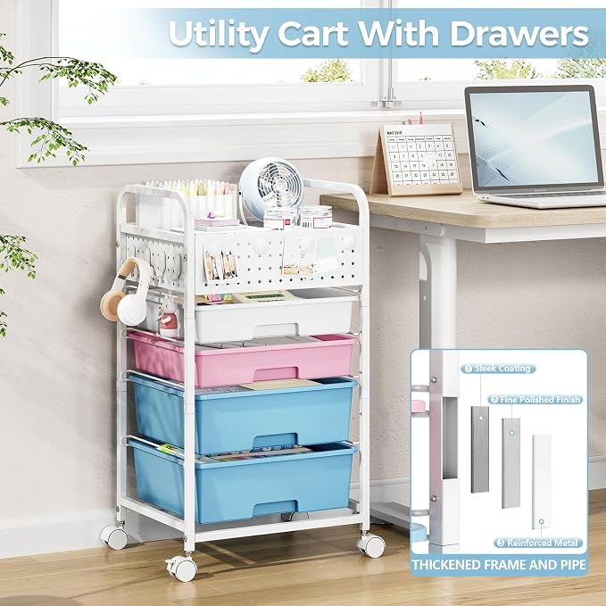 4 Drawer Rolling Storage Cart with Pegboard Top and Hooks, Pink&Blue | Mobile Organizer Cart with Wheels for Office Supplies, Craft Storage, Classroom Organization, Home Utility Cart