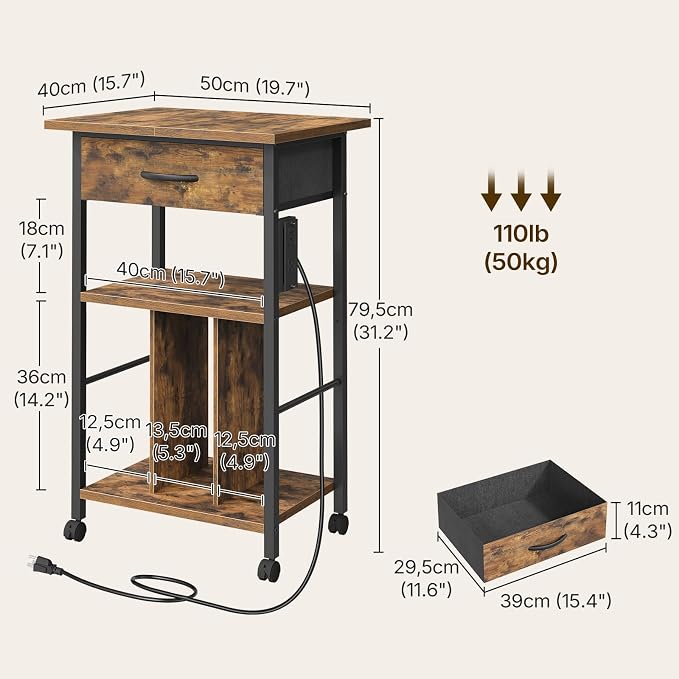 Rolling File Cabinet, Printer Stand with Dividers and Charging Station, Mobile File Cart with Fabric Storage Drawer and Lockable Wheels for Home Office, Fits Letter/Legal/Files
