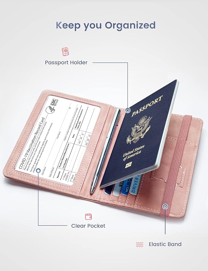 Passport Holder Passport Case Travel Wallet with Vaccination Card Holder Passport Cover with RFID Blocking Clear Pocket For Photo