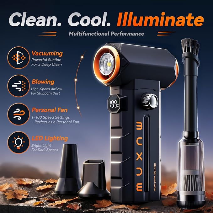MUXNW 2-in-1 Air Duster & Vacuum, 130000 RPM | 8000mAh USB-C, 100-speed, blower/vacuum for PC, keyboard, car, home. Cordless mini 2-in-1