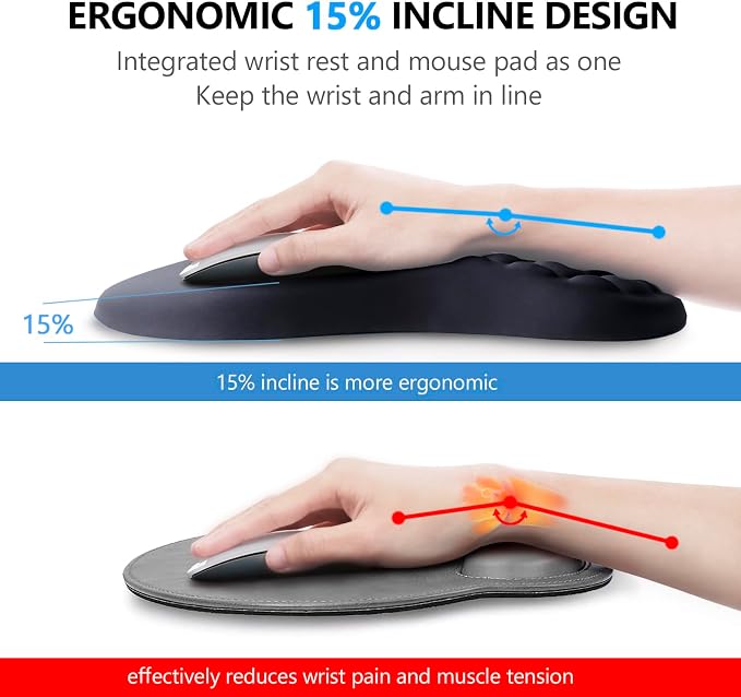 Ergonomic Mouse Pad Wrist Support, 2 in 1 Keyboard Wrist Rest Set | Memory Foam, 15° Ergonomic Slope, Massage Bead Design, Non-Slip PU Base, Lycra Fabric, for Office & Gaming,Black