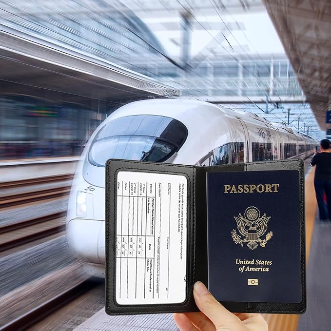 Passport Holder, Travel Must Haves, Men's Black Leather Passport Case with Vaccine Card Slot