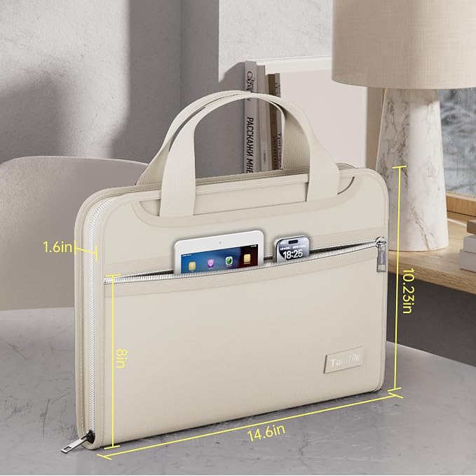 Tamfile Fireproof Accordion File Organizer, Expanding File Folder, Beige | 13 Pocket Colorful, Handle, Zipper & Labels, Multi-Pockets Paper Organizer, for Letter A4 Files, Home, Office, School