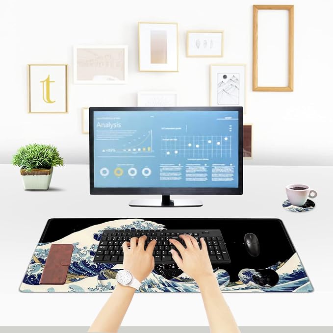 ToLuLu Extended Gaming Mouse Pad, Ergonomic Keyboard Mouse Wrist Rest Set | Large Desk Mat with Stitched Edges, Memory Foam Support Non-Slip Base Mousepad for Home Office Game Study, Wave of Kanagawa