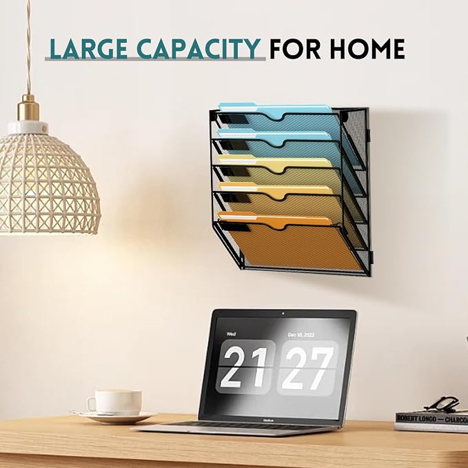 5 Tier Wall File Organizer, Hanging Wall Mounted Mail Organizer with Label Slots, Metal Mesh File Holder Magazine Rack for Office, Home, School or Classroom, Black