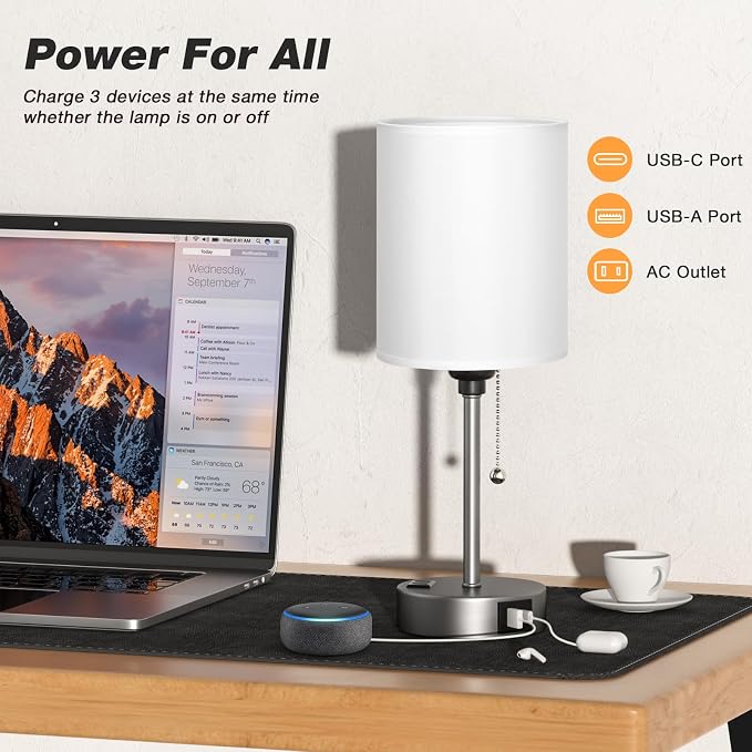 White Bedside Lamp for Bedroom - 3 Color Temperatures Desk Lamp with USB C and A Ports, Pull Chain Table Lamp with AC Outlet, Nightstand Lamp with Silver Metal Base for Kids Girls | USB A+C Ports, AC Outlet, 3-Color Temps, LED Bulb Included, White Fabr...