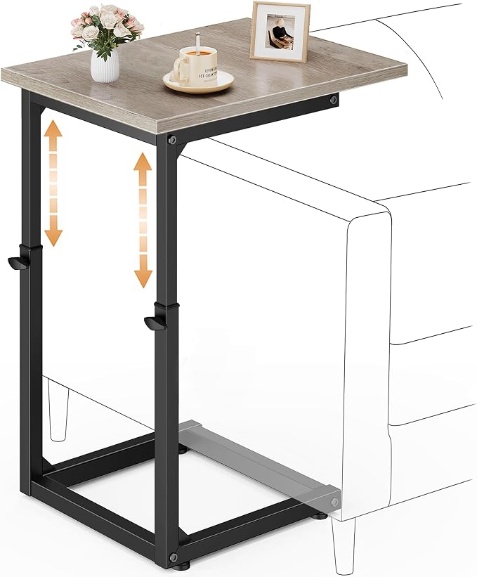 C-Shaped End Table, 33" Tall C Table Adjustable Height Side Table, Small Couch Table with Metal Frame, Slide Under Sofa TV Tray for Living Room, Bedroom, Bedside, Small Spaces, Gray