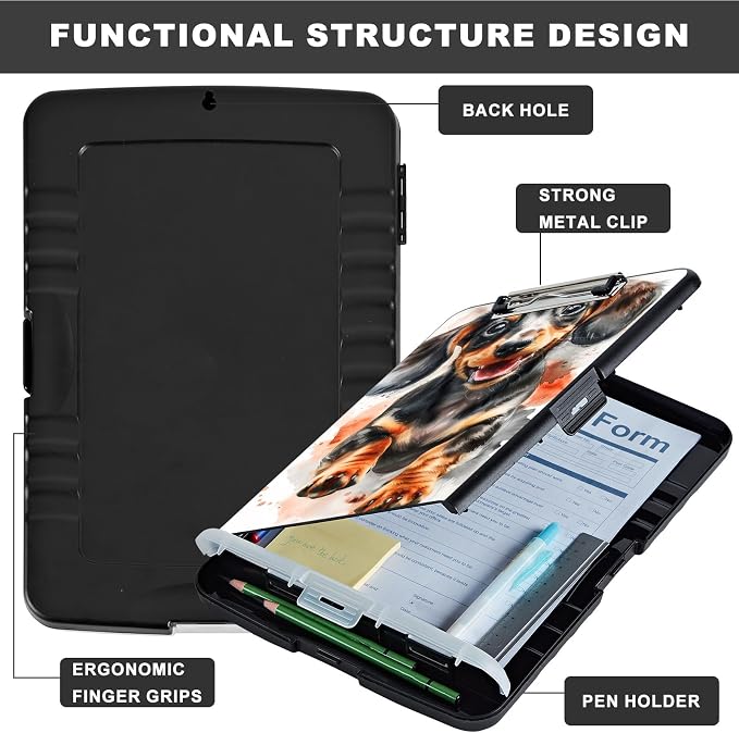 Clipboard with Storage,Storage Clipboard with Pen Holder,Heavy Duty Plastic Storage Clipboard with Low Profile Clip,Teacher Must Haves,Clipboard Folder,Office Supplies,Cute Dog -1363