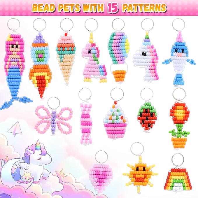 Funtopia Pony Beads Kit for Keychain Making, mini Pony Bead Pets for Kids Beginners，Includes Instructions for 15 Cute Designs and Storage Box, Kids Craft Kit for Rainy Day Group and Family Activities