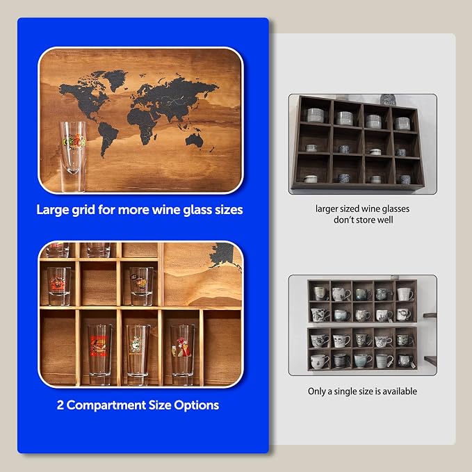 Large Shot Glass Display Case with World Map,60 Slots, 34 X 26 Inch Rustic Wood Shot Glass Display Cabinet for 2 Size -In Rooms Bars Wine Cellars with Shot Glasses Jewelry Shell & Keepsakes