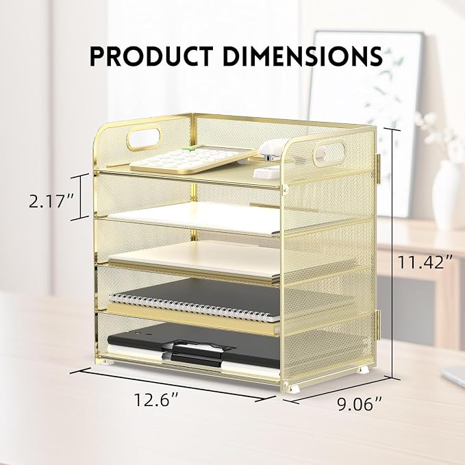5 Trays Paper Organizer Letter Tray with Handle-Mesh Desk File Organizer, Paper Sorter Desk Organizer for Office, Home or School (Golden)