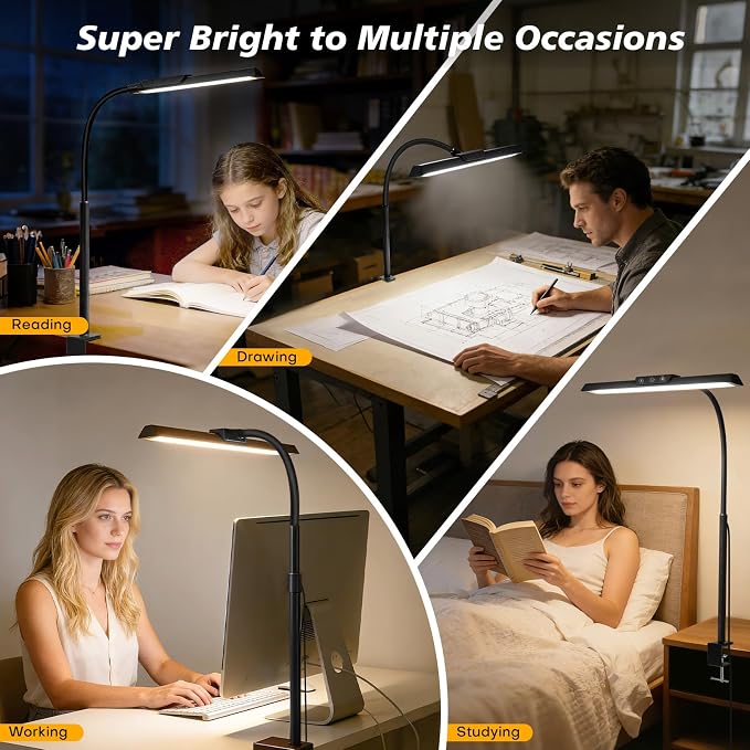 LED Desk Lamp with Clamp, Stepless Dimming Flicker-Free for Home Office | Architect Lamp, DC Adapter, 25 Modes, 12.8in Flexible Gooseneck, Eye-Friendly for Workbench & Reading