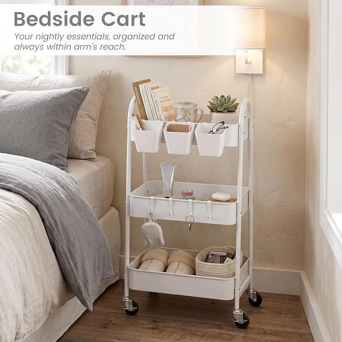 3-Tier Rolling Cart, Utility Cart Mobile Metal Rolling Storage Cart with Lockable Wheels & Hanging Cups & Hooks for Kitchen, Bathroom, Office, Workshop, White