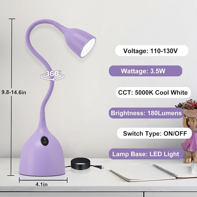EJIAXIN Gooseneck Desk Lamp 360° LED Flexible Reading Light Small Desk Lamps for Small Spaces Home Office Bedroom College Dorm Desk Bookshelf Nightstand Table Lamp (Purple)