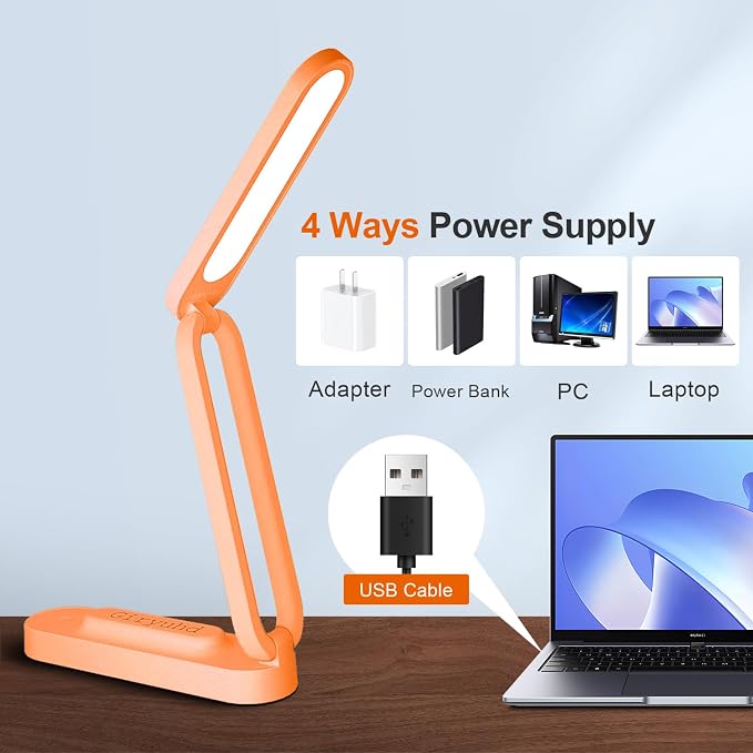 Giryuhd LED Desk Lamp for Office Home & Battery Operated Lamp Rechargeable Lamp Foldable & Portable Light, LED Desk Light Strip, 3 Brightness Dimmable Small Desk Lamp Reading Lamp (Orange)