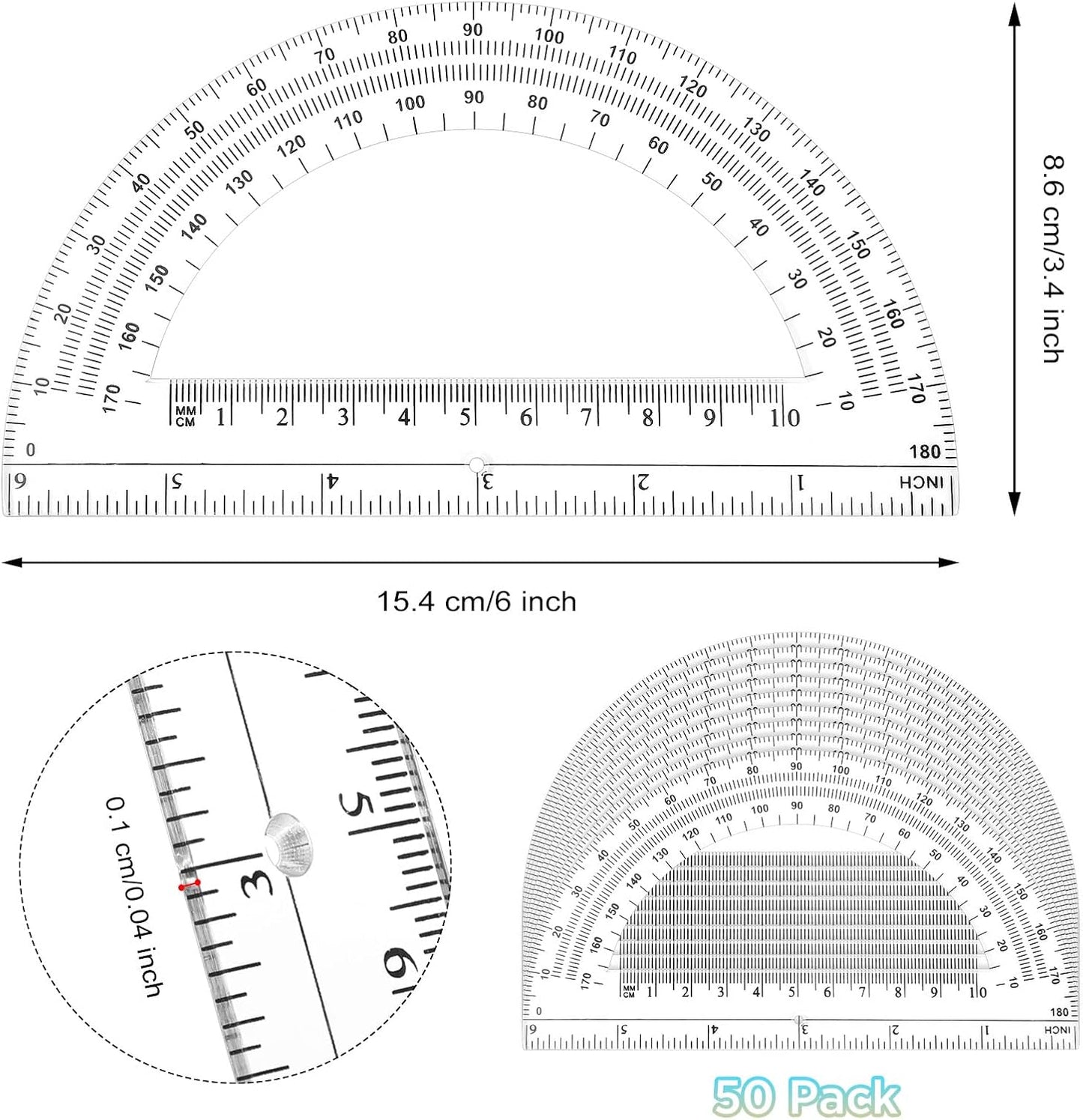 Zonon 50 Pieces Plastic Protractors Bulk Classroom Clear Math Protractors 180 Degrees 6 Inch for Geometry Student, Angle Measurement, Students Back to School Supplies Office Supplies