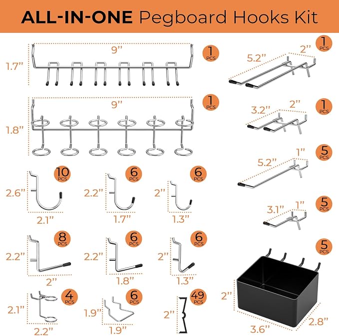 INCLY 120PCS Pegboard Accessories Organizer Kit with Peg Borad Hooks & Bins | Peg Board Hooks Assortment, For Organizing Various Tools, Fit 1/8 or 1/4 inch Pegboard, For Garage Hanging & Storage Tools