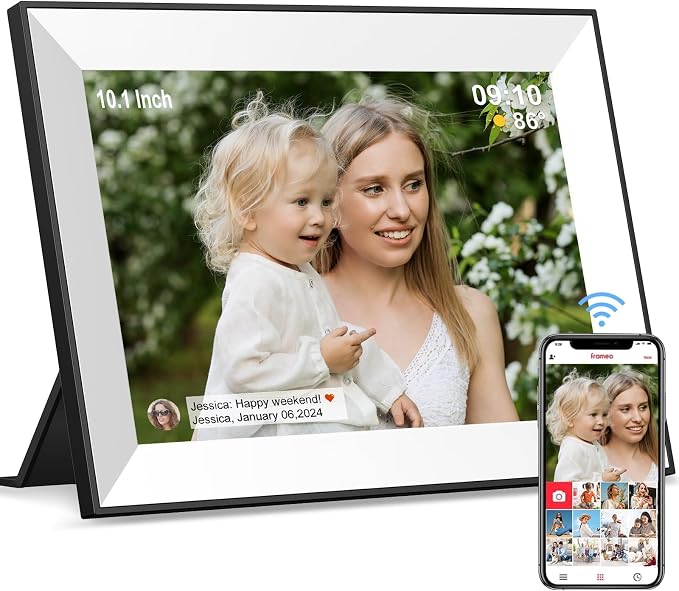 Frameo WiFi Digital Picture Frame 10.1 Inch, IPS HD Touch Screen Smart Electronic Photo Frame, Auto-Rotate Slideshow, Load Photos from Phone via App, Digital Picture Frames Gift for Family