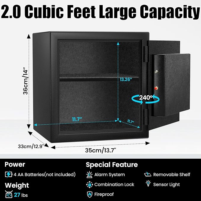 2.0 Cuft Fireproof Safe Box for Home,Digital Keypad,35-Min Fire Protection | 35-Min Fire Protection at 1700°F, Removable Shelf, Smart Alarm & Anti-Pry Security, External Emergency Power, Silent Mode