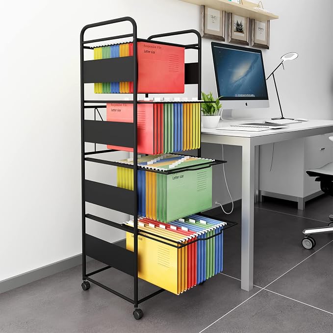 PUNCIA 4-Tier Metal File Cart with Wheels Pull-Out Rolling Folder Organizer | Black Mobile Hanging File Cabinet for Letter Documents Home Office Storage Easy to Move and Access