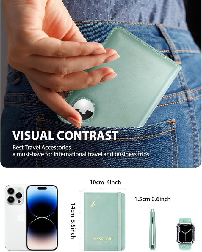 Stouchi AirTag Passport Holder – Slim RFID Travel Wallet | Ultra-slim, Waterproof PU Leather, 5 Card Slots, RFID Blocking, AirTag Slot – Perfect for US Passports, Snug for EU