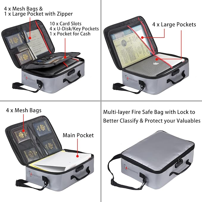 ROLOWAY Fireproof Document Bag with Lock (17 x 11.8 x 5 inch), Important Document Storage Bag with Multi-Layer File Organizers (Gray)
