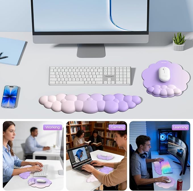 TECKNET Cloud Wrist Rest & Ergonomic Mouse Pad, Cloud Keyboard Wrist Rest with Non-Slip Base, PU Leather Memory Foam Wrist Pad for Keyboard and Mouse, Pain Relief for Typing, Gaming, Purple
