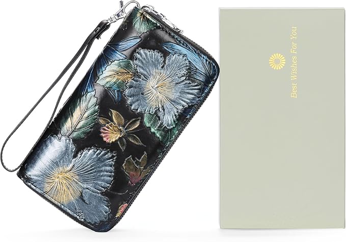 GOIACII Women's Wallet Large Capacity Double Zip Ladies Card Phone Holder RFID Blocking Wristlet Leather