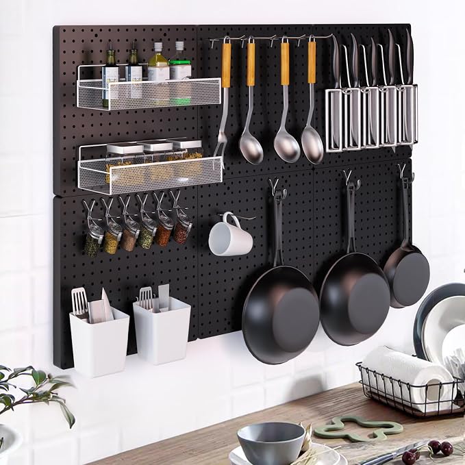 FZK Modular Plastic Peg Board Wall Organizer Kit, 16x16, Black | Features 33 storage accessories, heavy duty 200 pounds capacity, suitable for garage workshop, craft room and office wall