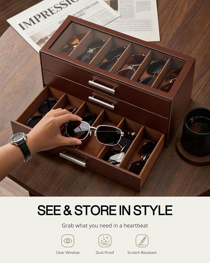 ProCase Sunglasses Organizer Box with Clear Glass Lid, PU Leather Eyeglass Storage Display Case for Men and Women