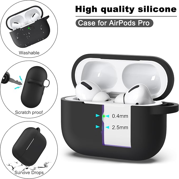 R-fun for AirPods Pro 2 Case, Soft Silicone Protective Cover with Cleaning Kit & Keychain, Support Wireless Charging, Compatible with Apple AirPods Pro 2nd/1st 1st Generation, Black