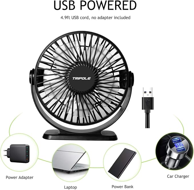 TriPole Small Desk Fan 2 Pack USB Powered Mini Portable Fan 360°Rotation | 3 Speeds Plug In USB Desk Fan Strong Airflow, 5.1" Small Quiet Personal Fan for Home Office Bedroom Hotel Travel, 4.9ft Cable