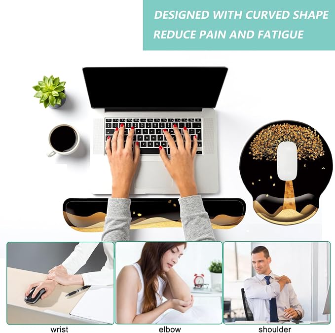 Keyboard Wrist Rest Pad Mouse Pad with Wrist Support Set of 3, Mousepad with Non-Slip Rubber Base, Ergonomic Memory Foam Mouse Wrist Cushion Support for Home Office Laptop Computer, Tree