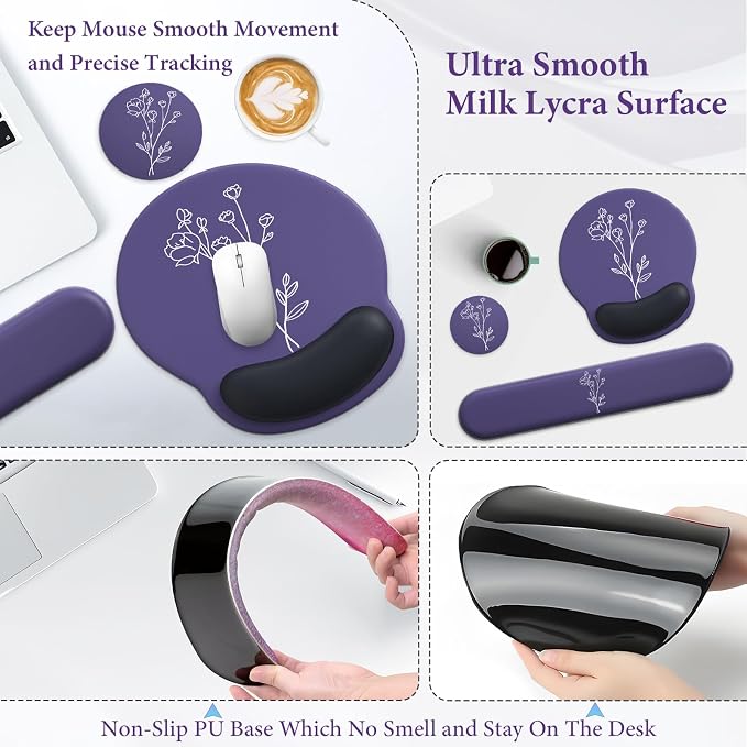 3 in 1 Ergonomic Mouse Pad and Keyboard Wrist Rest with Coaster Set-Purple | Cute Large Mousepad with Gel Wrist Support for Gaming Computer Laptop Women Office Home Desk Decor