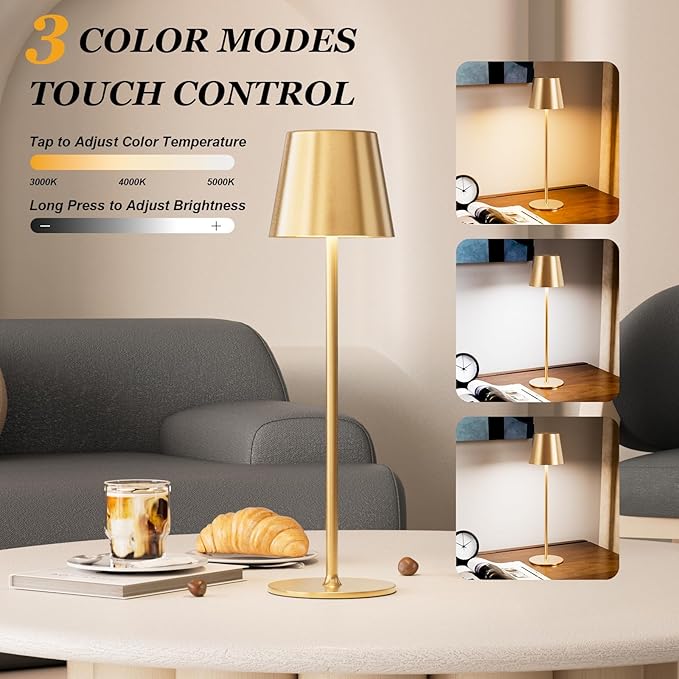 Kakanuo Cordless Table Lamp Rechargeable Gold - KK 4 Pack Battery Operated Lamp for Dining Table, 3 Color Stepless Dimming Wireless Lamp for Counter, Outdoor Patio, Touch Control
