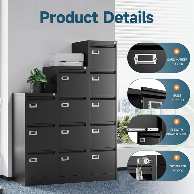 MIIIKO 5 Drawer File Cabinet, Black Vertical Filing Cabinets with Lock, Home Office File Folders Storage Cabinet for Letter Legal File Size.