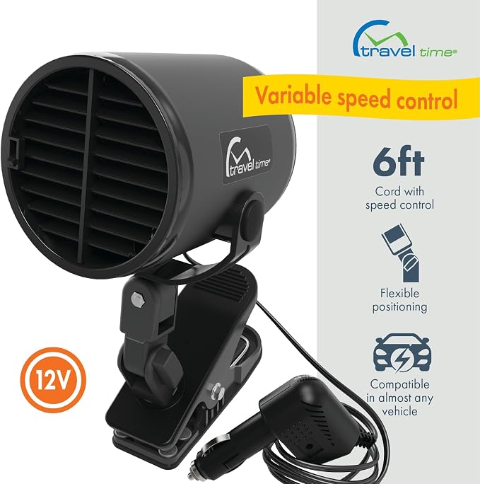 TRAVEL TIME 12V Turbo Fan Clip-On, Black – Universal for Most Vehicles, Variable Speed Control, Cooling Fan, Portable Fan for Cars, Trucks, and UTV's
