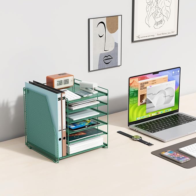 gianotter 6-Tier Paper Organizer With Magazine Holder | Desk Organizers and Accessories, File Organizer for Office Supplies Storag (Green, 6-Tier)