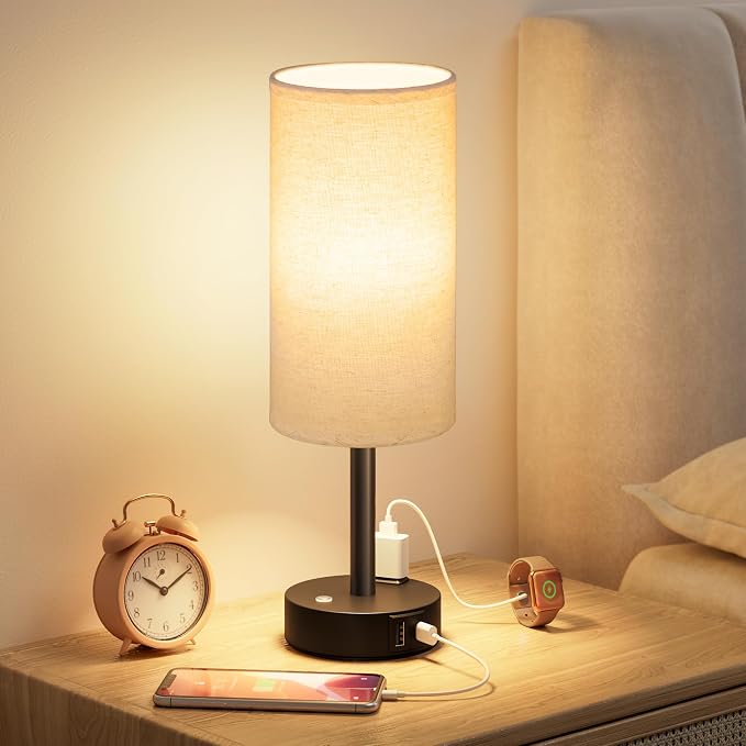 Beige Touch Bedside Lamp for Bedroom, Stepless Dimmable, USB A+C, AC Outlet | Base Touch Button Only, Memory Brightness, Ultra-dim Night Light, Included Bulb for Optimal Dimming, Beige Fabric Shade, Desk