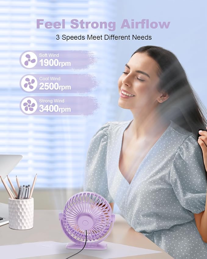TriPole Desk Fan USB Powered Small Portable Quiet Mini Personal Plug In Fan | Purple, 3 Speeds, 360°Rotation, Desk Fans Small Quiet, 4.9ft Cable, Strong Breeze for Desktop Bedroom Office Table Travel