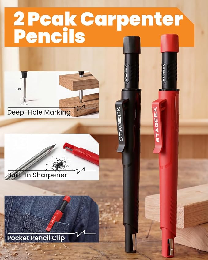STAGEEK 30 Pack Carpenter Pencils Set With 79 Refills | Construction Pencil, Deep Hole Long-Nib Marker Pens, Automatic Center Punch and Carbide Scribe Tool for Woodworking with Case
