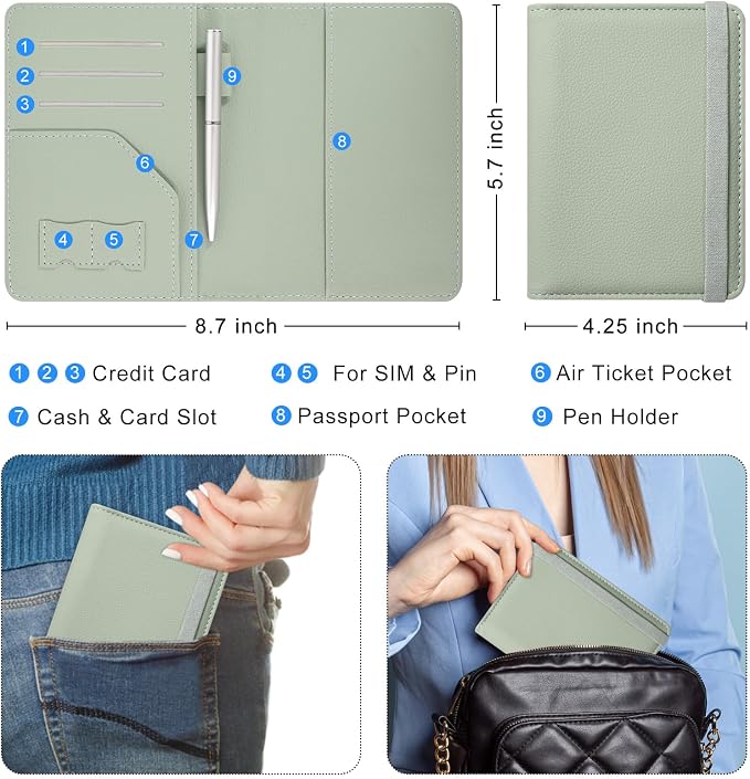 ACdream RFID BLOCKING Passport Holder Travel Wallet, Premium PU Leather Cover Passport Book with Card Holder, Pen Holder, Keep Organization, and Travel Essentials for Women and Men, Agave Green