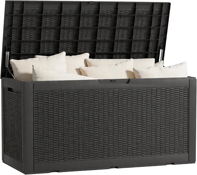 Vixzen 121 Gallon Waterproof Large Deck Box, Lockable Resin Outdoor Storage Box with Hydraulic Lid, Durable Storage Bin for Patio Furniture Cushions, Garden Tools, Pool Accessories, Black