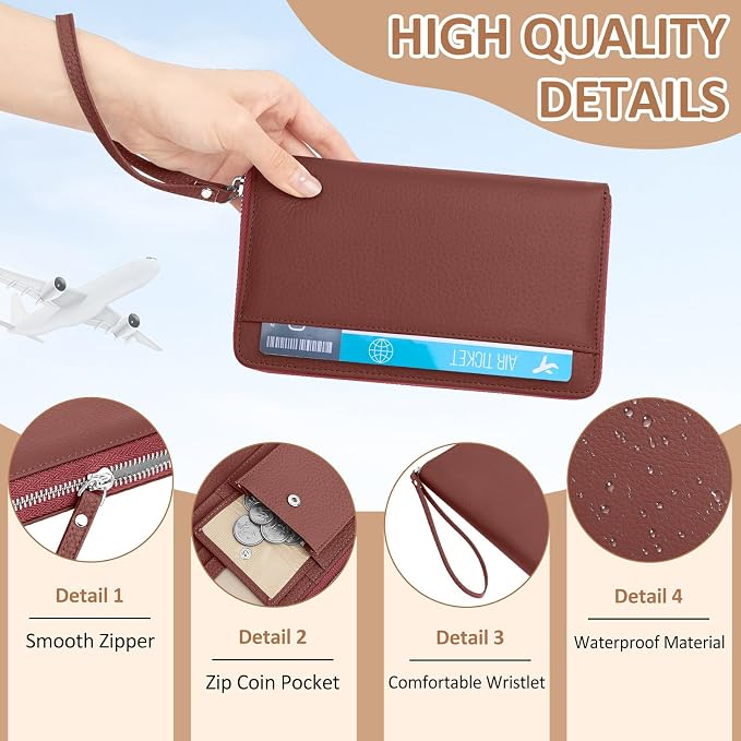 RFID Passport Holder for Travel Family with Coin Pocket, Brick Red | Leather Passport Cover for 2, Travel Document Organizer with Wrist Strap & 24 Card Slots, for Women Men
