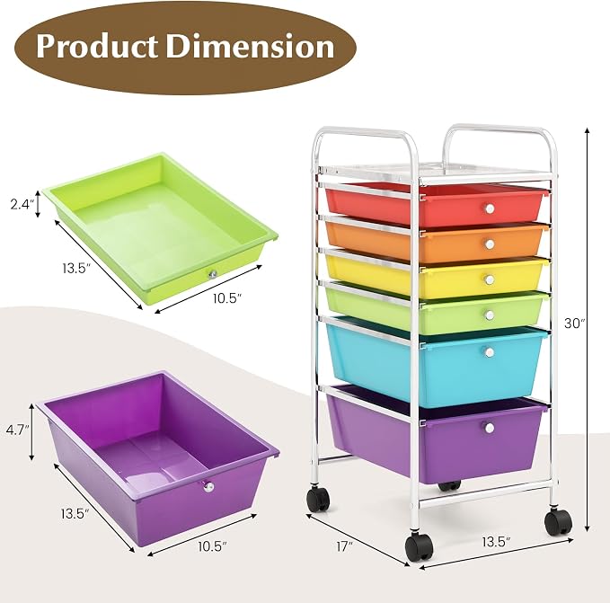 COSTWAY 6-Drawer Rolling Storage Cart, Art Craft Tools Organizer on Wheels | Multifunctional Heavy Duty Utility Mobile Storage Trolley w/ 2 Lockable Wheels for Home Office School (Multi-color)