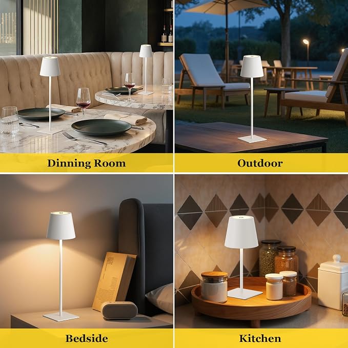 Kakanuo White Gold Cordless Rechargeable Table Lamp 5000mAh Battery Operated Lamps, 3 Colors Stepless Dimming Touch Lamp for Living Room, Kitchen Counter, Dining, Outdoor Patio, 2 Pack