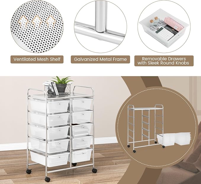 COSTWAY 10 Drawer Rolling Storage Cart, Utility Cart with Lockable Wheels | Mobile Art Supply Craft Organizer with Metal Frame, Multipurpose Drawer Cart for Paper for Office, School, Transparent