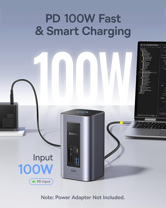 Baseus Docking Station Dual Monitor, Nomos Win Air(12 in 1) Laptop Dock, 2*4K HDMI, 10Gbps USB Ports, 1Gbps Ethernet, PD 100W(No Power Adapter), USB C Docking Station for Dell/HP/Lenovo/Asus/Acer/Mac