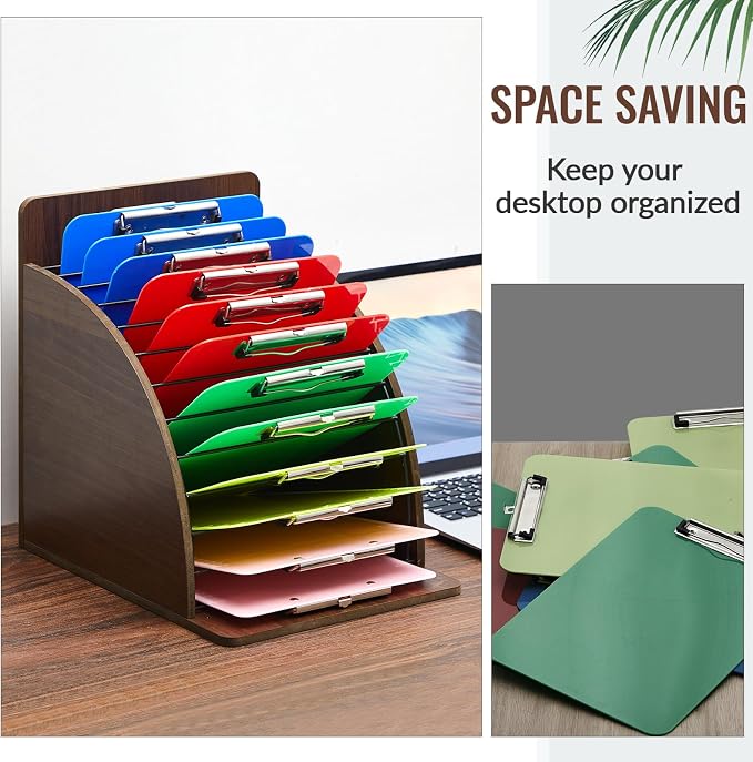 Wonderjune 1 Pack Clipboard Holder Wooden Metal Clipboards Storage Rack with Raised Side Panel, Back to School Supply for Classroom Office School Teacher, Clip Boards Not Included(Walnut)